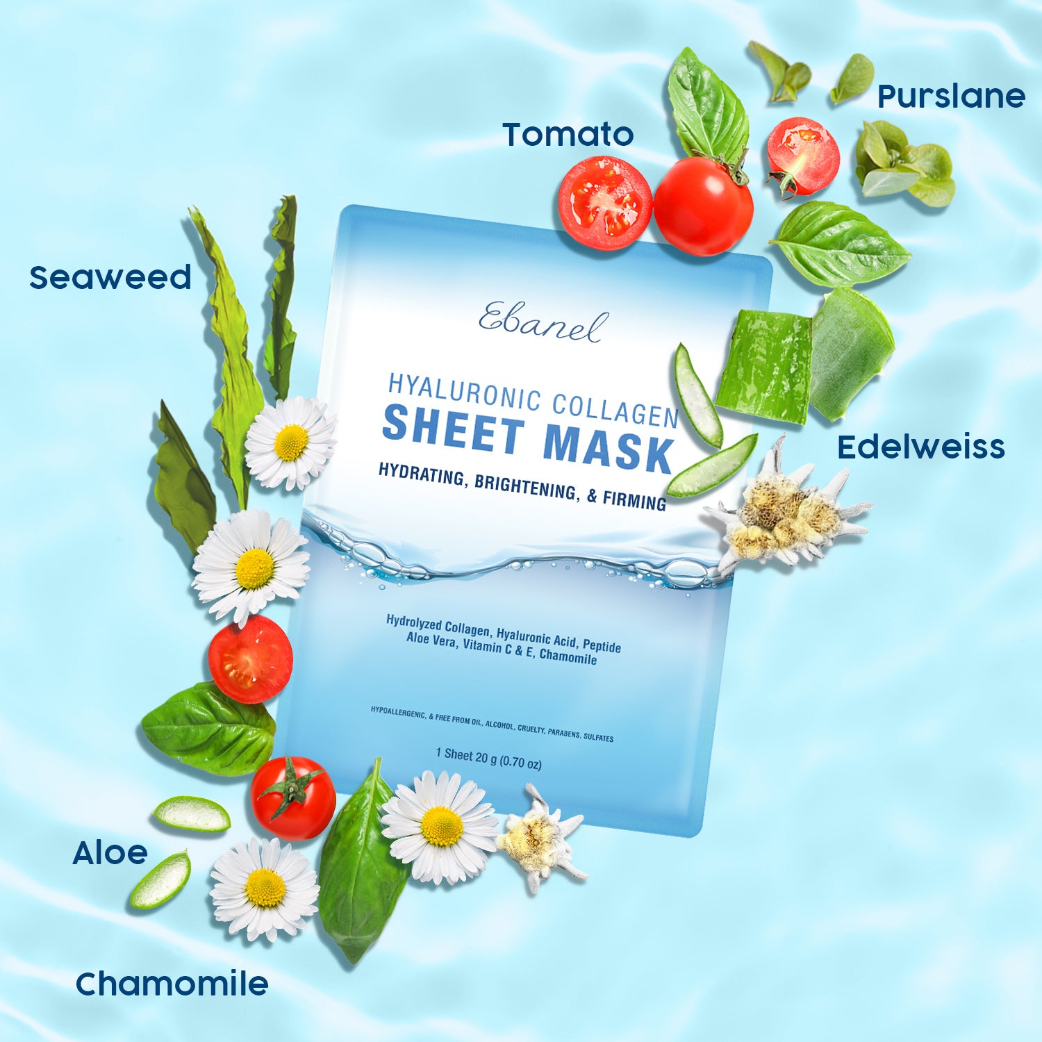 Hyaluronic Collagen Sheet Mask contains: tomato, purslane, seaweed, aloe, chamomile., edelweiss.