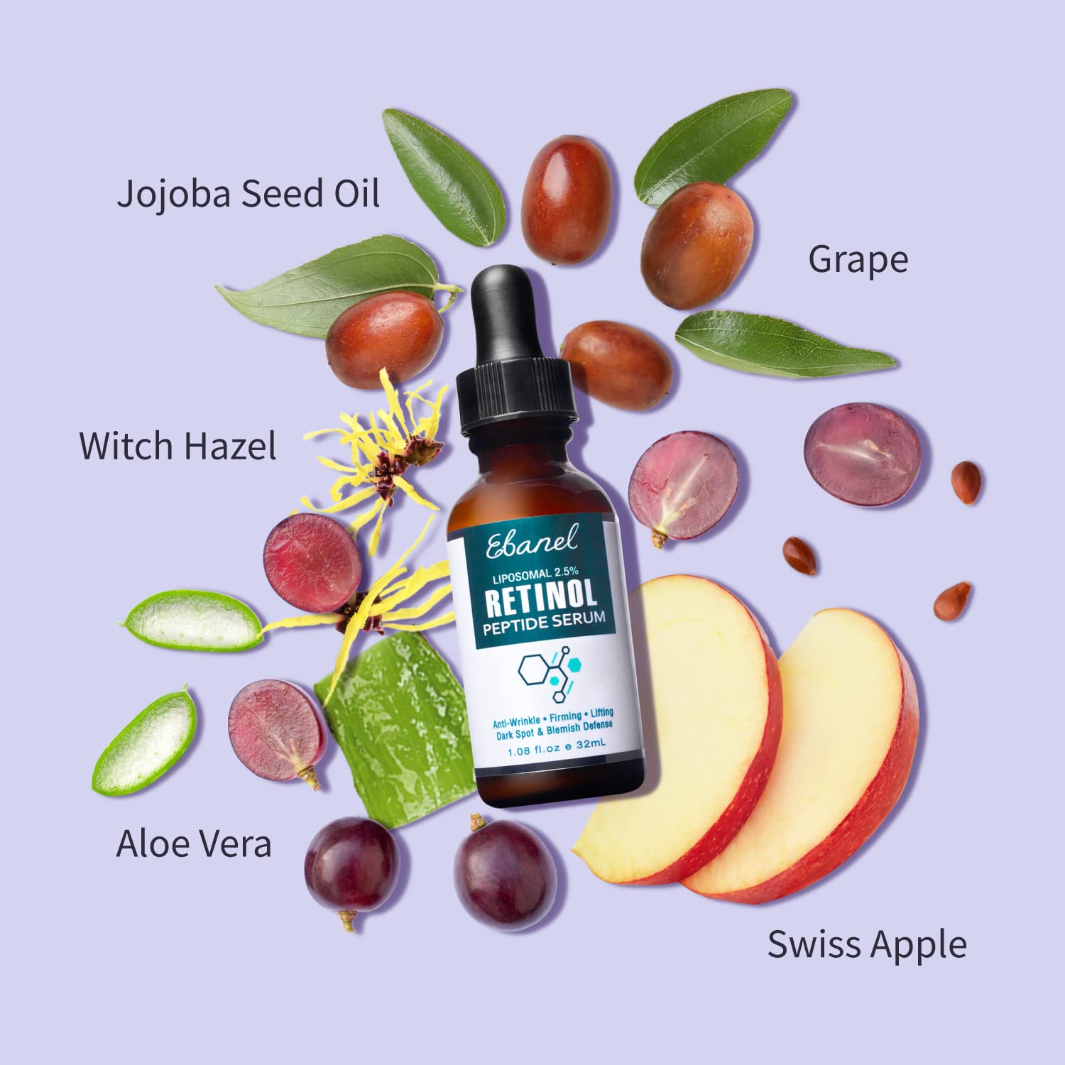 Jojoba seed oil, witch hazel, grape, aloe vera, swiss apple.