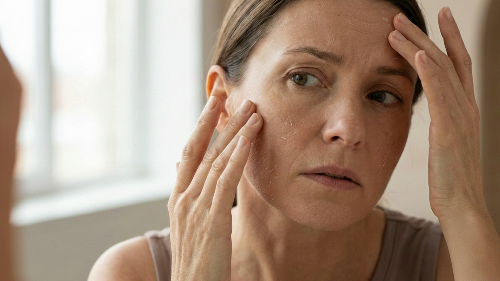 A woman closely examining her face in the mirror, touching dry and flaky skin on her cheeks and forehead with a concerned expression.