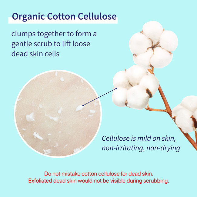 Organic Cotton Cellulose clumps to form a gentle scrub