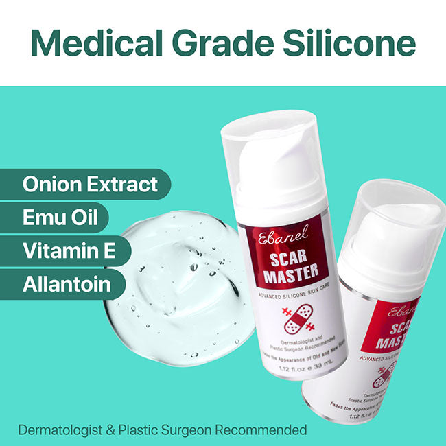 Medical grade silicone, onion extract, emu oil, vitamin E, allontoin