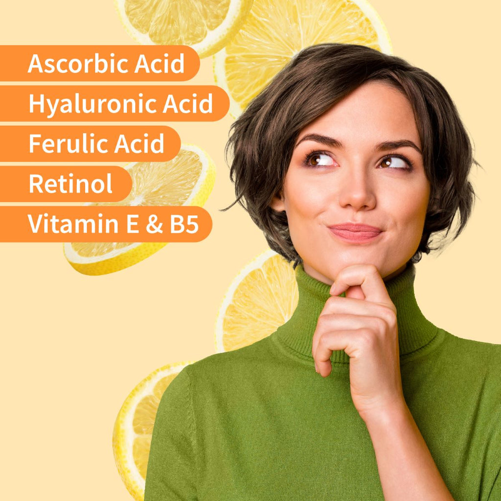 Ascorbic acid, hyaluronic acid, ferulic acid, retinol, vitamin E & B5.