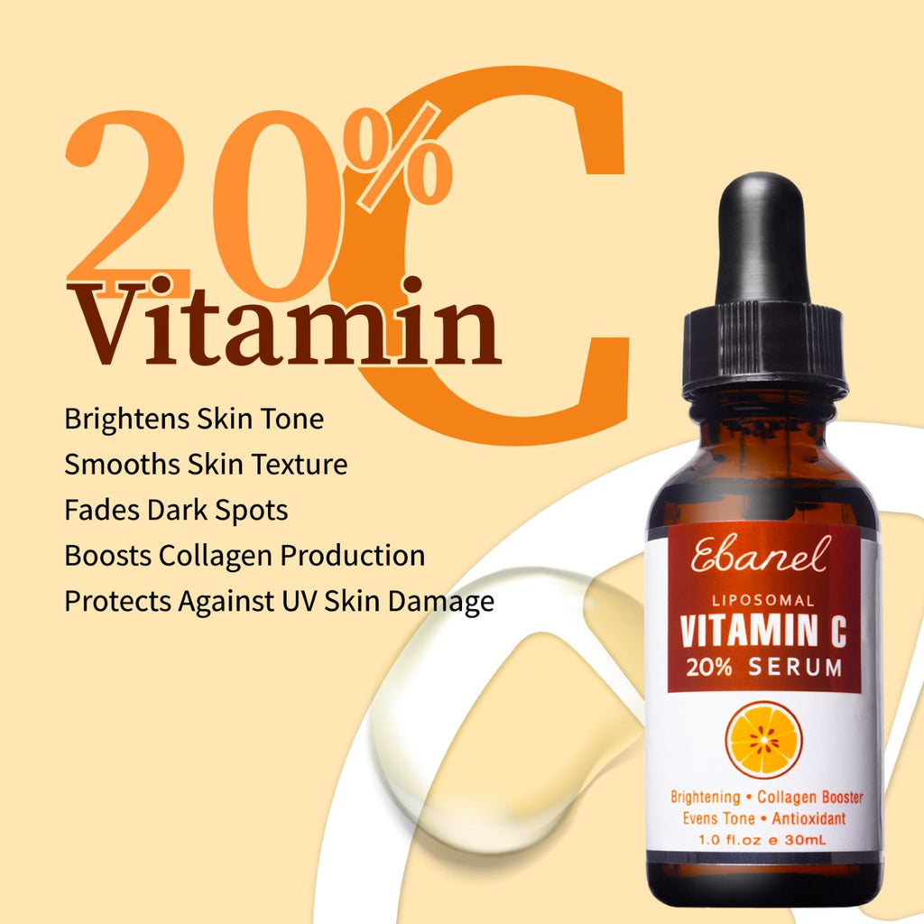 20 % Vitamin C. Brightens skin tone, smooths skin texture, boosts collagen production, protects against UV skin damage.